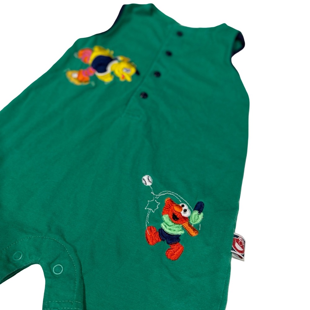 Vintage Sesame Street Elmo Big Bird Baseball Green Romper 12M‎ Sleeveless Snap